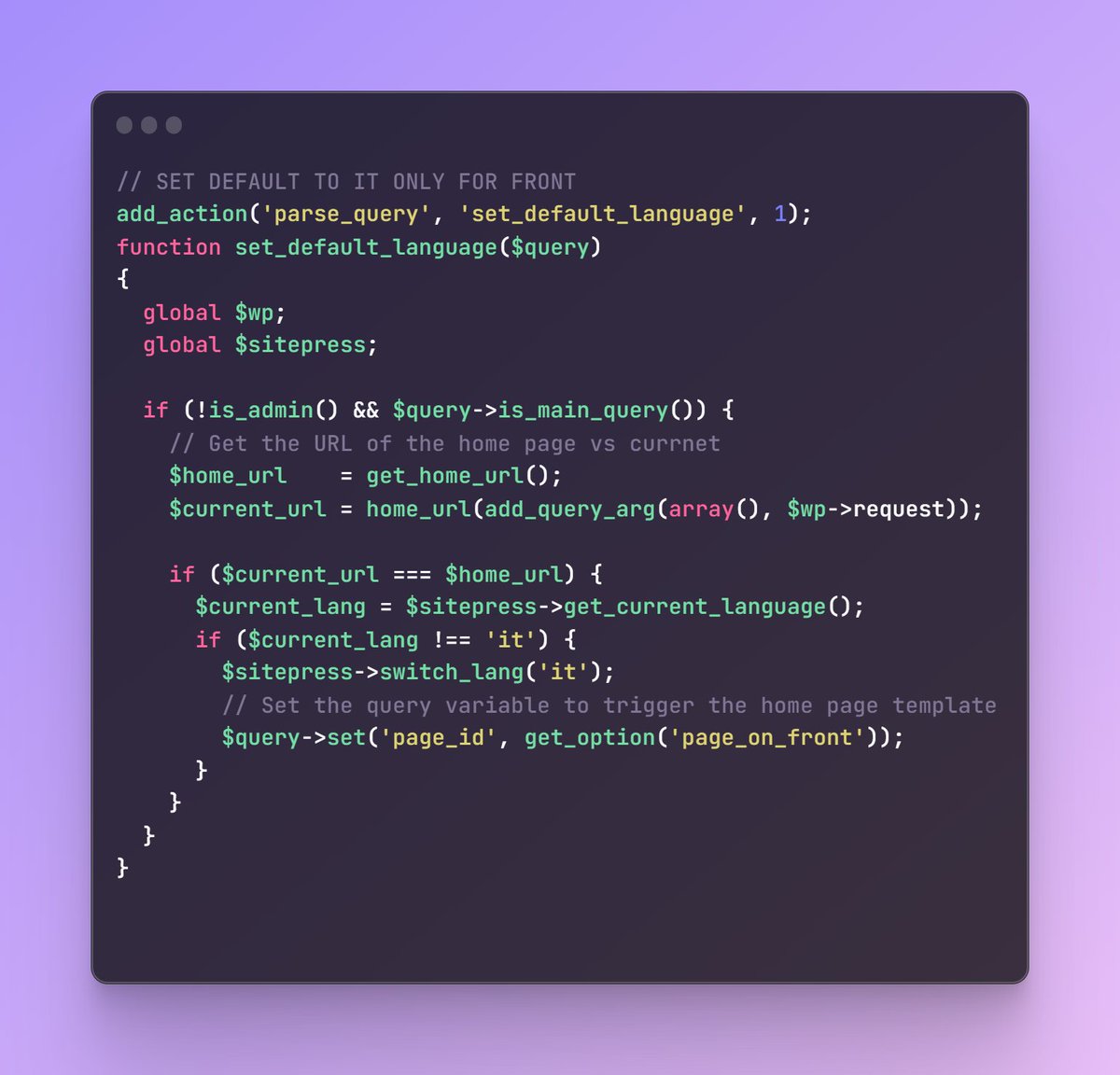 CSDevAr's tweet image. #WordPress #WPML Site in fr/it/de/es/en (English was the default). Now the client wants us to set Italian as front default.  WPML will let you change the default but both in code or UI it will change for *both* back and front. Geepeetee &amp;amp; I came up with this. Seems to be working.