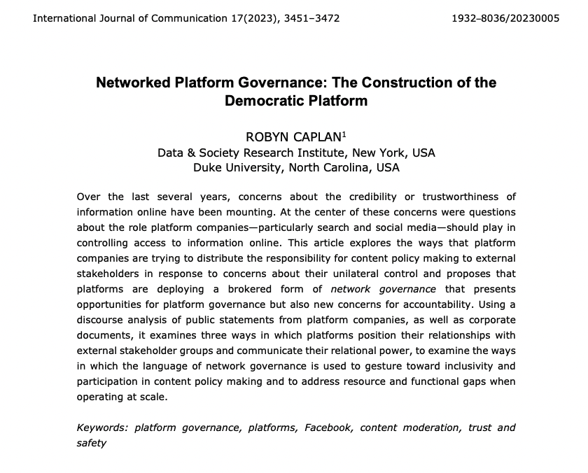 And now that I've cleared up the affiliation change: I'm excited to share a new article I published today in @IJoC_USC. It's titled 'Networked Platform Governance: The Construction of the Democratic Platform.' ijoc.org/index.php/ijoc…