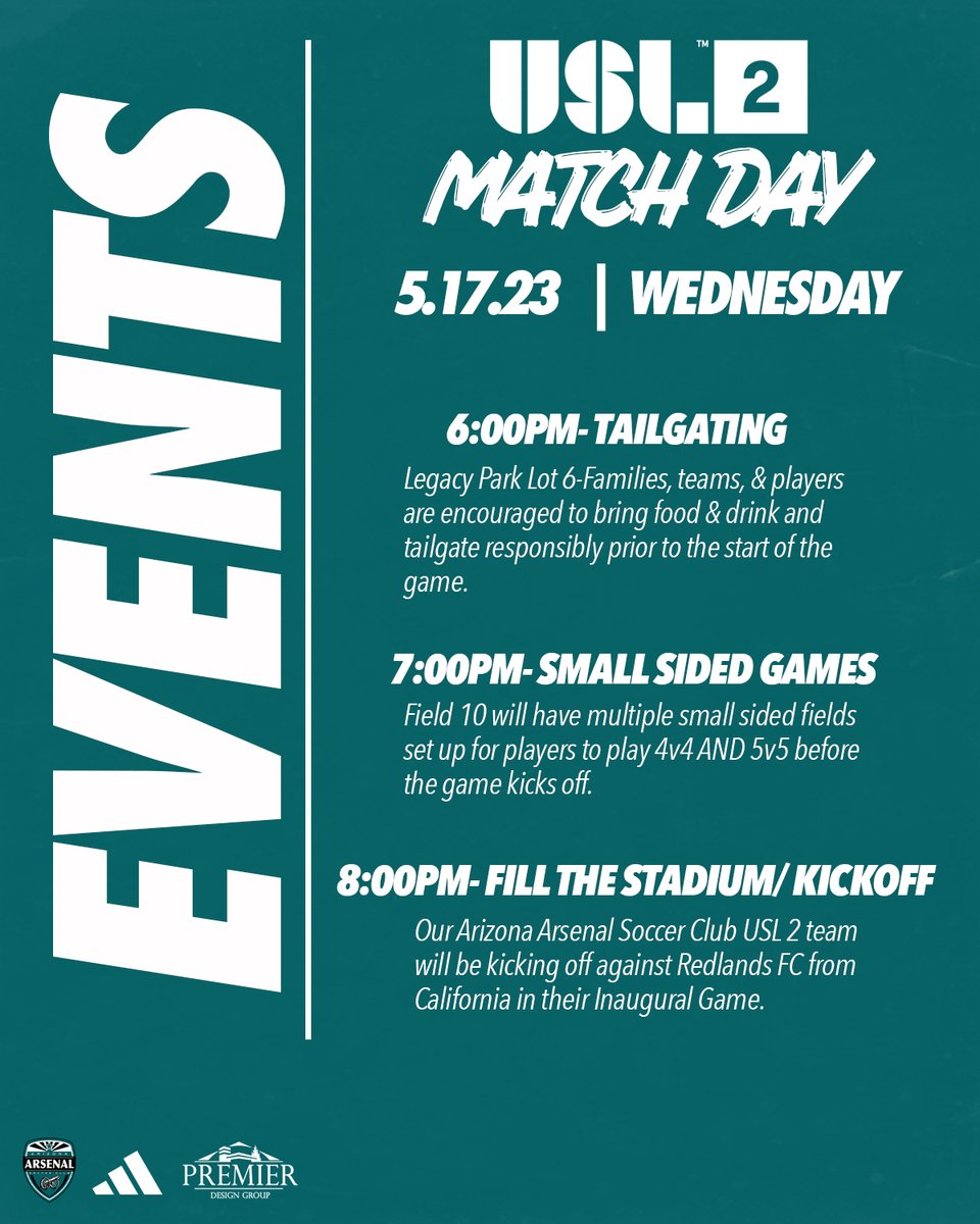 AZArsenalSC's tweet photo. Make sure to MARK your 📅s for Inaugural @USLLeagueTwo game this Wed 5.17 as we look forward to a GREAT NIGHT of EVENTS!

6pm- Tailgate
7pm- Small Sided Games
8pm- FILL THE STADIUM*

Honoring our @ECNLboys playoff teams at half

*FREE ADMISSION!

@adidas

#bleedTEAL https://t.co/SHsZ6Cr3KR
