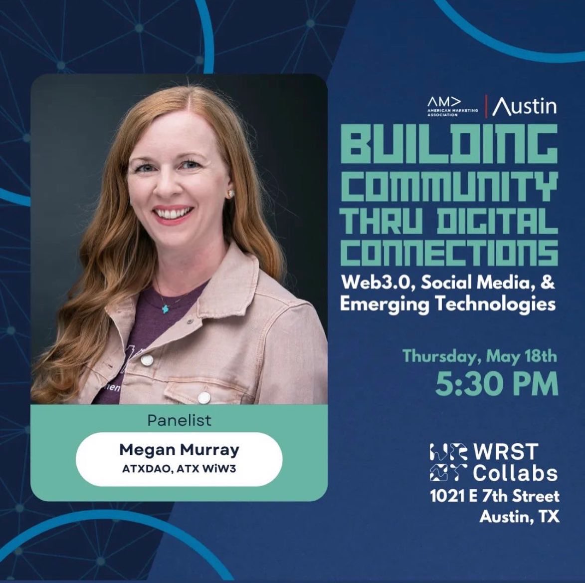 WRST Collabs (@wrstcollabs) on Twitter photo We’re excited to have <a href="/AustinAMA/">Austin AMA</a> back in our NFT Gallery for another exciting panel discussion on "Building Community Thru Digital Connections" This panel features marketing professionals such as Megan Murray <a href="/MegNogATX/">Megan Murray</a> from: <a href="/ATXDAO/">ATX DAO</a> <a href="/atxwiw3/">ATX Women in Web3</a>
RSVP: austinama.wildapricot.org/event-5104567%… We’re excited to have <a href="/AustinAMA/">Austin AMA</a> back in our NFT Gallery for another exciting panel discussion on "Building Community Thru Digital Connections" This panel features marketing professionals such as Megan Murray <a href="/MegNogATX/">Megan Murray</a> from: <a href="/ATXDAO/">ATX DAO</a> <a href="/atxwiw3/">ATX Women in Web3</a>
RSVP: austinama.wildapricot.org/event-5104567%…