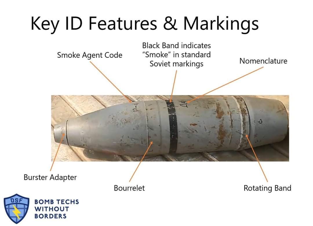 bombtechs's tweet photo. It's time for another #Ordnance of the Week! This time we're looking at the Soviet D-4 122mm Bursting Smoke round. Its white phosphorus filler makes it a particularly dangerous explosive remnant of war.

Learn More: https://t.co/ehtLJUCz3t

#EOD #Ukraine #UXO #bombtechs https://t.co/5HoPnj3MTn