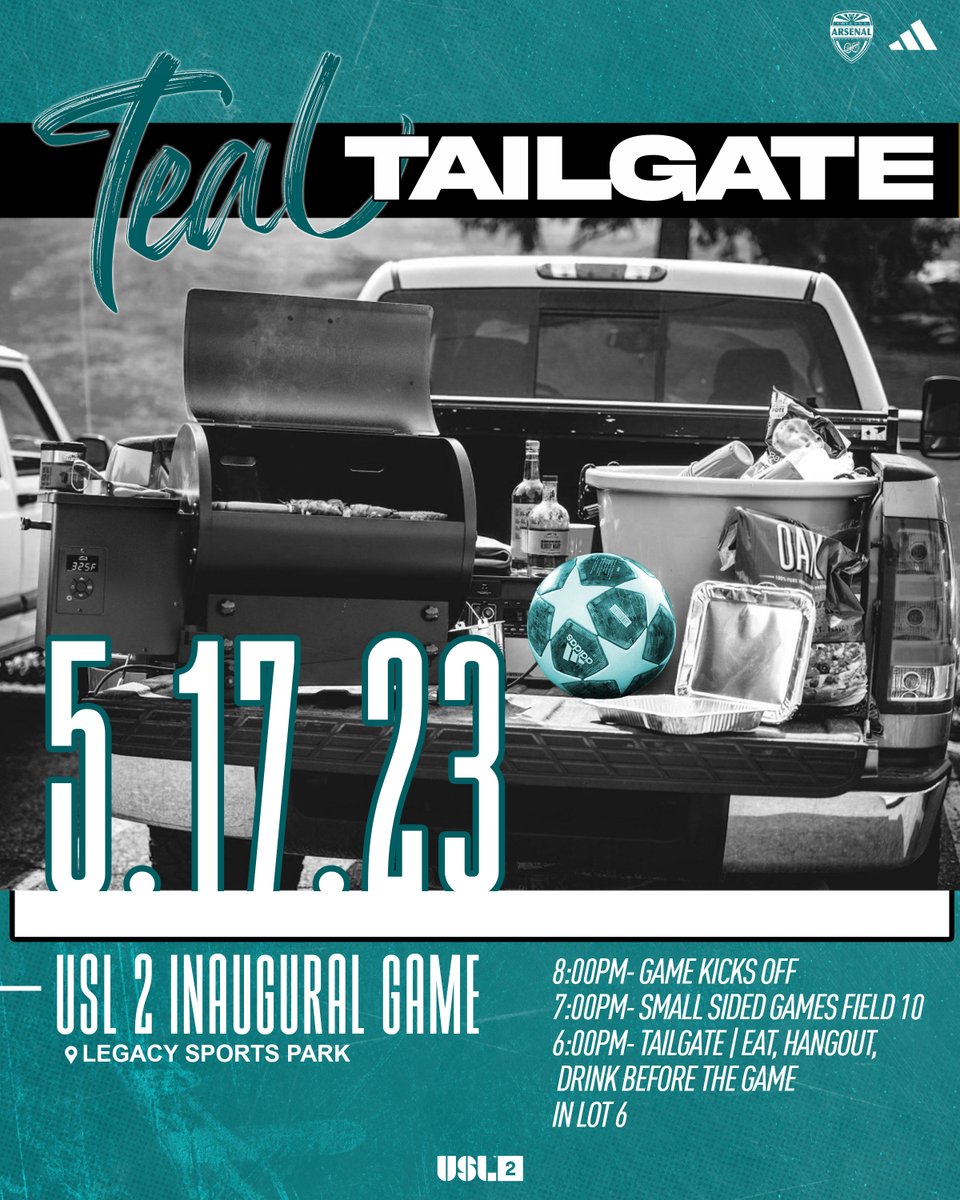 AZArsenalSC's tweet photo. Make sure to MARK your 📅s for Inaugural @USLLeagueTwo game this Wed 5.17 as we look forward to a GREAT NIGHT of EVENTS!

6pm- Tailgate
7pm- Small Sided Games
8pm- FILL THE STADIUM*

Honoring our @ECNLboys playoff teams at half

*FREE ADMISSION!

@adidas

#bleedTEAL https://t.co/SHsZ6Cr3KR
