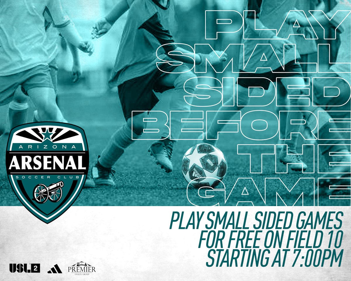 AZArsenalSC's tweet photo. Make sure to MARK your 📅s for Inaugural @USLLeagueTwo game this Wed 5.17 as we look forward to a GREAT NIGHT of EVENTS!

6pm- Tailgate
7pm- Small Sided Games
8pm- FILL THE STADIUM*

Honoring our @ECNLboys playoff teams at half

*FREE ADMISSION!

@adidas

#bleedTEAL https://t.co/SHsZ6Cr3KR
