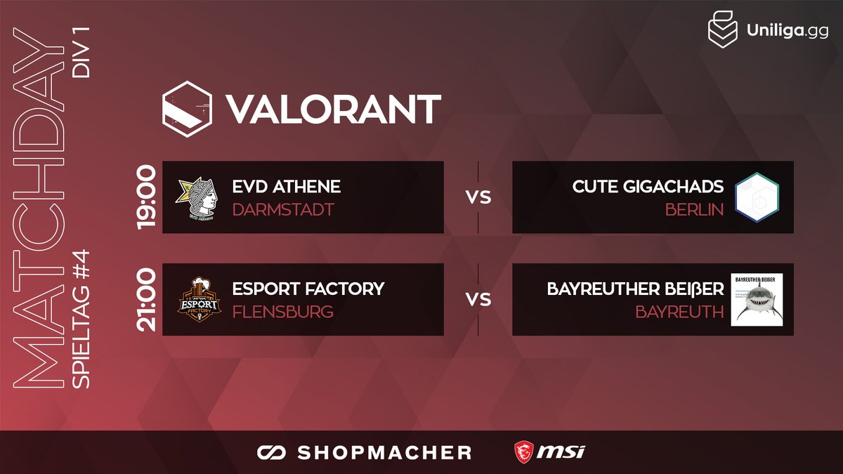 Uniliga (@uniligagg) on Twitter photo #valorant 🔥
Zwei Spiele zwischen direkten Konkurrenten heute, wird geil! 🤠
⏰ 19 Uhr
📺 /uniliga_aim
➡️ <a href="/1_EVD/">1. eSport Verein Darmstadt</a> Athene ⚔️ Cute Gigachads
➡️ <a href="/EsportFactoryDE/">Esport Factory</a> ⚔️ Bayreuther Beißer
🎙️ <a href="/SHiiDOcasts/">SHiiDO</a> & <a href="/ShingekiGG/">ShingekiGG</a>
🎥 T1n1tu3
🎬 <a href="/DontFlashMyR/">Tim Konopka</a> #valorant 🔥
Zwei Spiele zwischen direkten Konkurrenten heute, wird geil! 🤠
⏰ 19 Uhr
📺 /uniliga_aim
➡️ <a href="/1_EVD/">1. eSport Verein Darmstadt</a> Athene ⚔️ Cute Gigachads
➡️ <a href="/EsportFactoryDE/">Esport Factory</a> ⚔️ Bayreuther Beißer
🎙️ <a href="/SHiiDOcasts/">SHiiDO</a> & <a href="/ShingekiGG/">ShingekiGG</a>
🎥 T1n1tu3
🎬 <a href="/DontFlashMyR/">Tim Konopka</a>