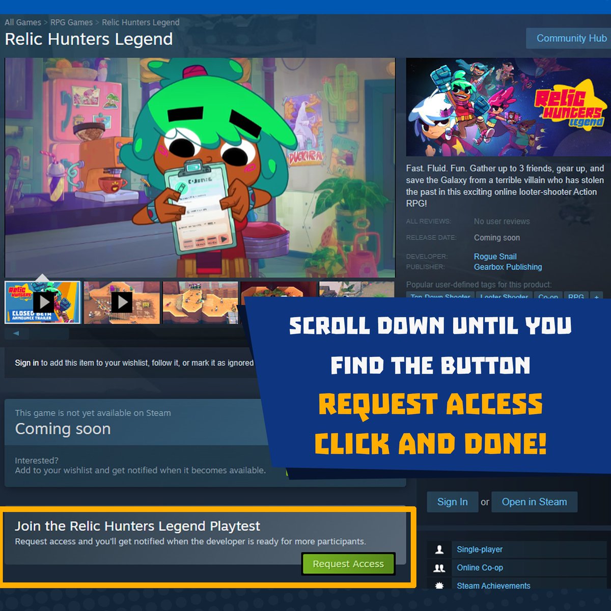 RelicHuntersU's tweet photo. Relic Hunters, are you ready for CLOSED BETA 1?!⭐️

"I don't know how to sign up!"

Don't worry, we got you!✨
1. Click on the link below 
2. Click the green "Request Access" button

You'll get an email to confirm you're in when we go live!📧

Steam link! https://t.co/VrrtX8xVco https://t.co/GqE2vJEGHz