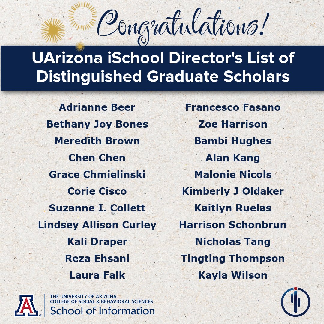 U of A College of Information Science (@uofainfosci) on Twitter photo Congratulations to our <a href="/uarizona/">University of Arizona</a> @UAZiSchool Distinguished Graduate Scholars! #distinguishedscholars #RockStars #WildcatForLife #outstanding #UArizona #beardowngrad #beardown #beardownforlife #arizonaalumni #classof2023 #2023graduate #thefutureisbright #upandout Congratulations to our <a href="/uarizona/">University of Arizona</a> @UAZiSchool Distinguished Graduate Scholars! #distinguishedscholars #RockStars #WildcatForLife #outstanding #UArizona #beardowngrad #beardown #beardownforlife #arizonaalumni #classof2023 #2023graduate #thefutureisbright #upandout
