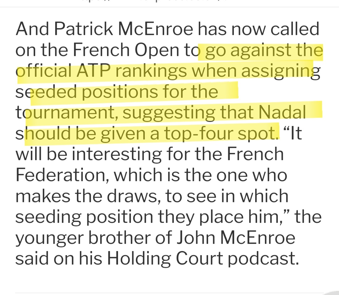 The terrain is being prepared to ignore official ATP rankings when giving Nadal seeding at Roland Garros (if he plays).

Worry is that he could meet at a top player very early-on, so the lobbying has started that he should be designated top 4, not 14 (his current rank)...