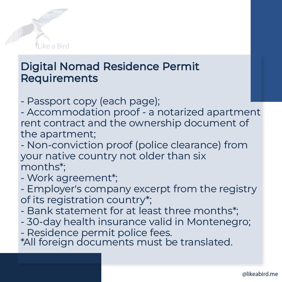 LikeaBirdMNE's tweet photo. You've probably heard about the #digitalnomad residence permit in #Montenegro, which became available in early 2023. So, in case you are considering it, here is the list of the required documentation 👇

#relocation #residencepermit #residence https://t.co/10A6l884Dk