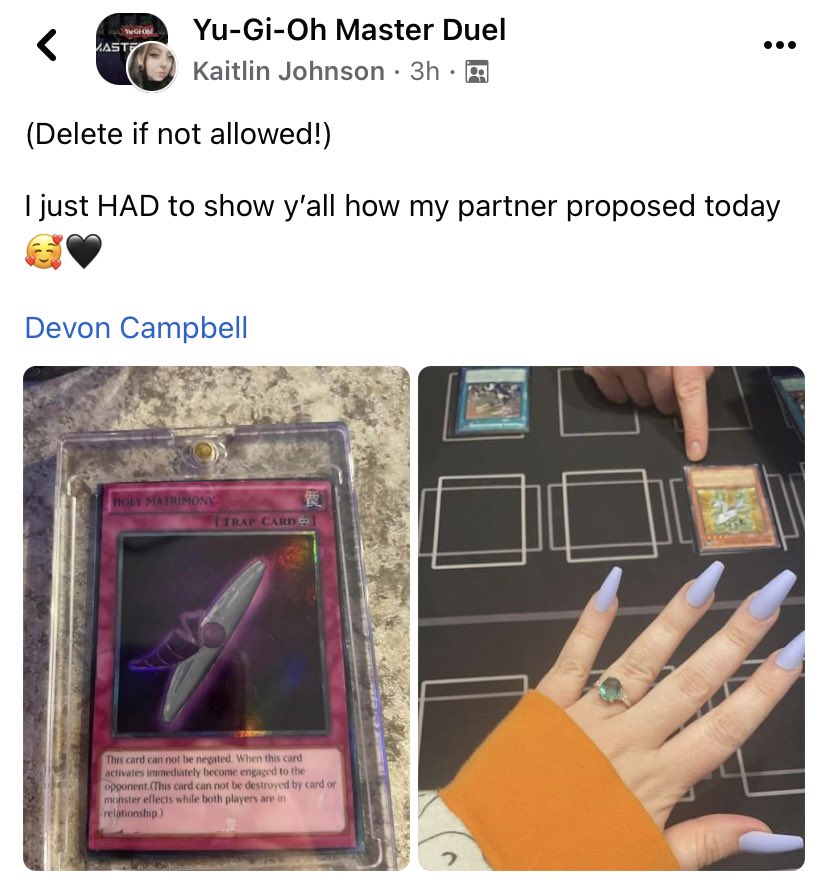 ygomemes2's tweet photo. Yugioh is crazy because one minute I’m salty for going 0-2 at locals and the next minute I’m crying Because this couple got engaged via a Duel 🥹 https://t.co/uMluIeIQWW