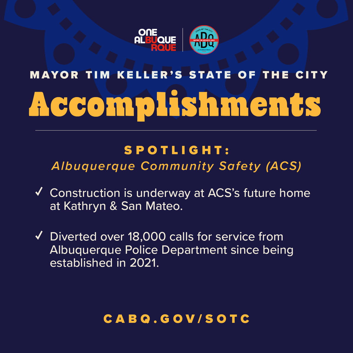 CABQACS (@cabqacs) on Twitter photo As we look forward to the State of the City this weekend we are looking back at some of our greatest accomplishments over the last year!
Join us at the State of the City to learn more about ACS!
<a href="/MayorKeller/">Mayor Tim Keller</a>
#OneAlbuquerque #SOTCABQ2023 As we look forward to the State of the City this weekend we are looking back at some of our greatest accomplishments over the last year!
Join us at the State of the City to learn more about ACS!
<a href="/MayorKeller/">Mayor Tim Keller</a>
#OneAlbuquerque #SOTCABQ2023
