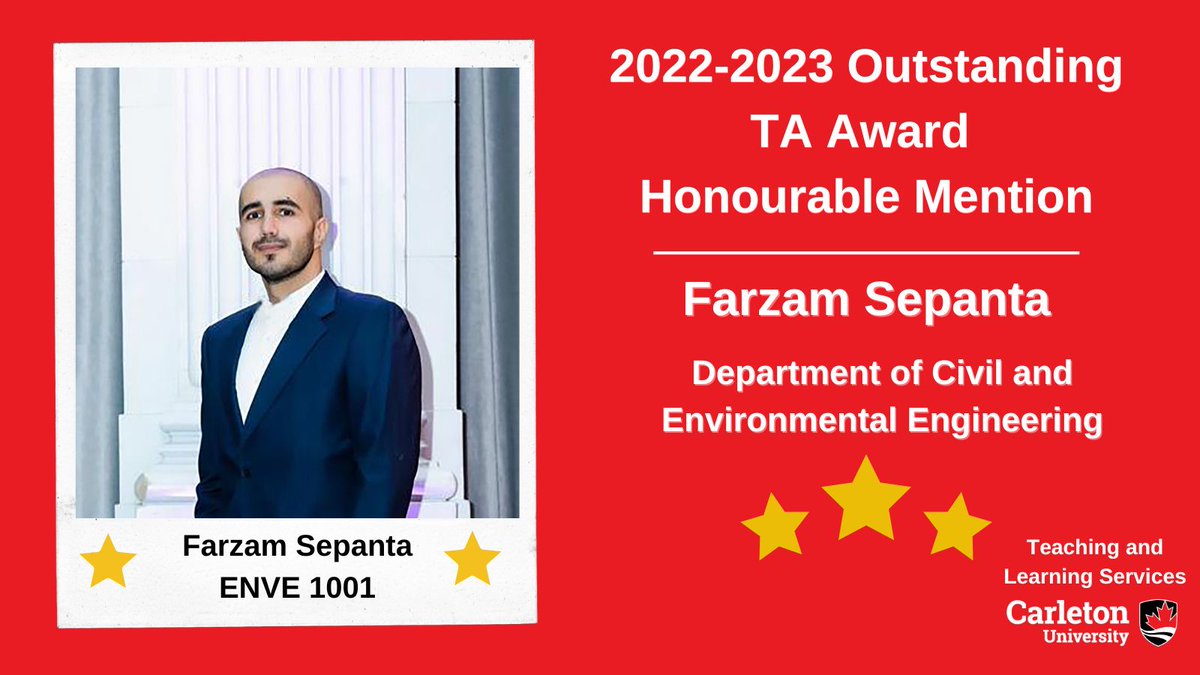 CarletonUTAs (@carletonutas) on Twitter photo ⭐️ Congratulations to <a href="/FarzamSepanta/">Farzam</a> from <a href="/CarletonU_CEE/">Carleton U - Civil & Environmental Engineering</a> who was selected as an honourable mention for the 2022-23 Outstanding TA Award!
Farzam is a PhD candidate in Building Engineering at Carleton University & researches the impacts of teleworking on the environment. ⭐️ Congratulations to <a href="/FarzamSepanta/">Farzam</a> from <a href="/CarletonU_CEE/">Carleton U - Civil & Environmental Engineering</a> who was selected as an honourable mention for the 2022-23 Outstanding TA Award!
Farzam is a PhD candidate in Building Engineering at Carleton University & researches the impacts of teleworking on the environment.