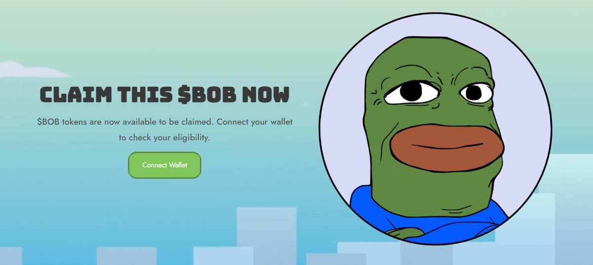 🐸 #BOB token #Airdrop redistribution for our community

Check eligibility and claim $BOB on our site: 
🔗claimthisbob.com

$PEPE $LADYS $PSYOP #SIMPSON $BEN #PLSX $DONS $BOBO #Pulsechain #MongArmy #memecoins $CAPO $ARB #VINU #VOLT $ETH #GrumpyCat #PEPEARMY #pepecoin #JEFF