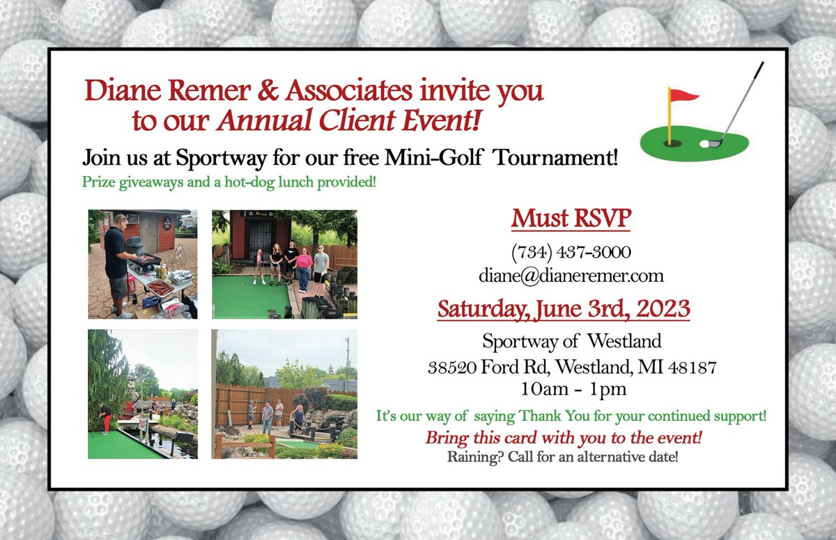 dianecansell's tweet photo. ⛳️Our Annual Client Mini-Golf event is right around the corner! As a special Thank You to all of our Clients- We invite you to join us, along with co-sponsor Chuck Silver with Caliber Home Loans, again this year for some family fun! ⛳️We look forward to seeing you there! https://t.co/3P6eBwlqJY