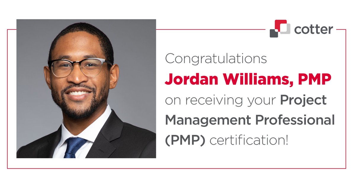 Cotter Consulting congratulates Jordan Williams on receiving his Project Management Professional (PMP) certification!

#cotterconsulting #cotterway #projectmanagement #constructionmanagement #wbe #wbenc #cotterenergygroup
