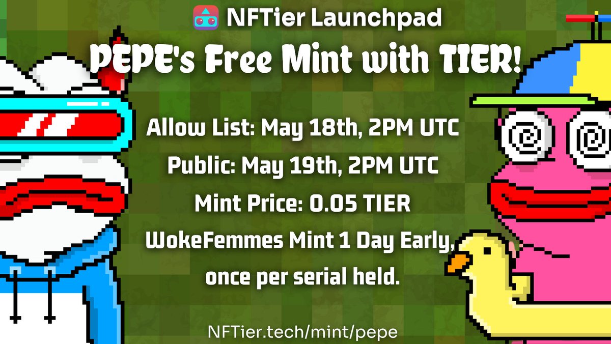 📣 Launchpad Listing: @Pepe_nfts69 Free NFTs! 

📅 <a href="/WokeFemmes/">WokeFemmes | SOLD OUT</a> holders Mint on May 18th
📅 Public Mints on May 19th
⏰ 2PM UTC

Join our Discord community to claim your free TIER:
 
🔗discord.gg/JzJZny37zh

Bookmark:
🔗 nftier.tech/mint/pepe

#HBARNFTs