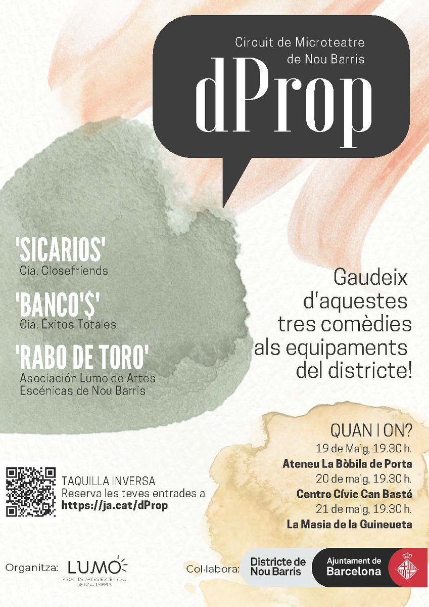 Bcn_NouBarris's tweet photo. 🎭Aquesta setmana torna #DProp, el Circuit de Microteatre de #NouBarris! 3 oportunitats per gaudir 3 obres en 3 equipaments del districte.

De divendres a diumenge, a l'@Ateneu_laBobila, @canbaste i la @MasiadelaGuine. Taquilla inversa. Reserva d'entrades: https://t.co/exSXGXAu8e https://t.co/wNjwVtvFb8