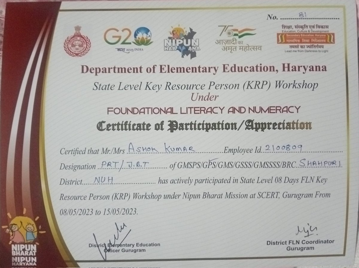 Ashok2917's tweet photo. Foundational Literacy and Numeracy (FLN) Under NIPUN Bharat Mission at SCERT Gurugram 08/05/2023 to 15/05/2023 
@Kusummalik77 
@NipunNuh 
@dipro_nuh 
@AjayKumarIAS13
@cmohry https://t.co/rze4xs44iV