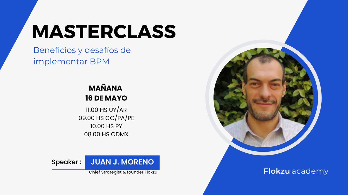 Mañana: Masterclass!⚡
Últimos cupos para participar de nuestro evento en vivo! En esta ocasión exploraremos los beneficios y desafíos de implementar una Suite BPM.
Será con un foco teórico, por lo que los invitamos a aprender y presentar dudas.
👉 flokzu.com/masterclass-es/