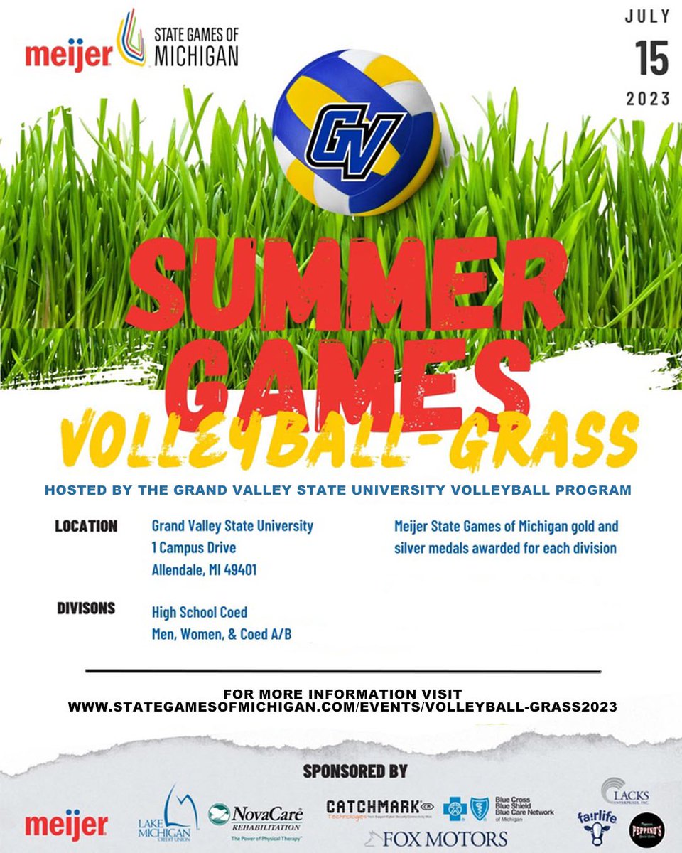 GVSUVOLLEY's tweet photo. Thank you @StateGamesofMI for partnering up with us! On July 15th, we will be hosting our first ever Grass Volleyball Tournament! https://t.co/CKdxidmsOR