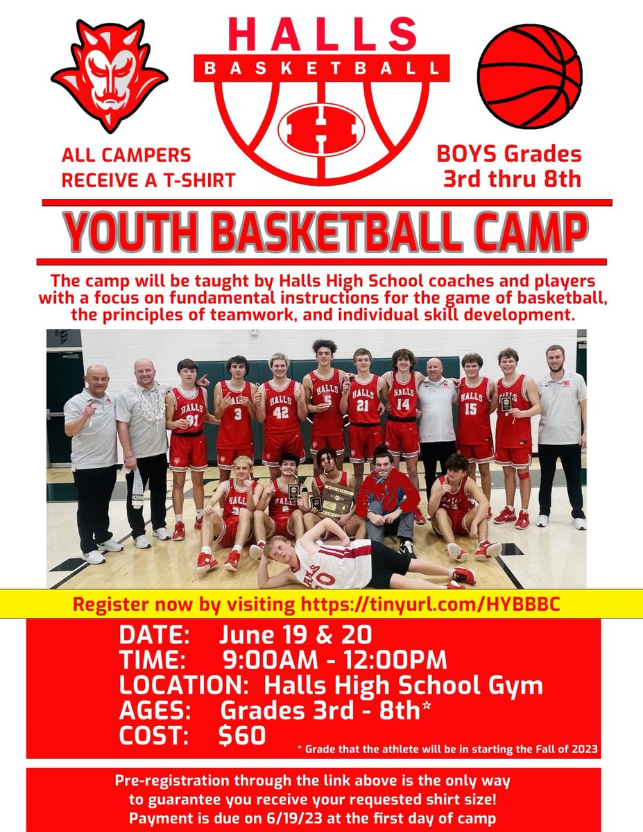 Halls Youth Boys Basketball Camp is on June 19 &amp; 20! This camp is for boys going into grades 3rd-8th. Pre-registration closes on June 11! Walk-ins are welcome but cannot guarantee actually t-shirt size without pre-registering. Register NOW by holding down on the link in the image