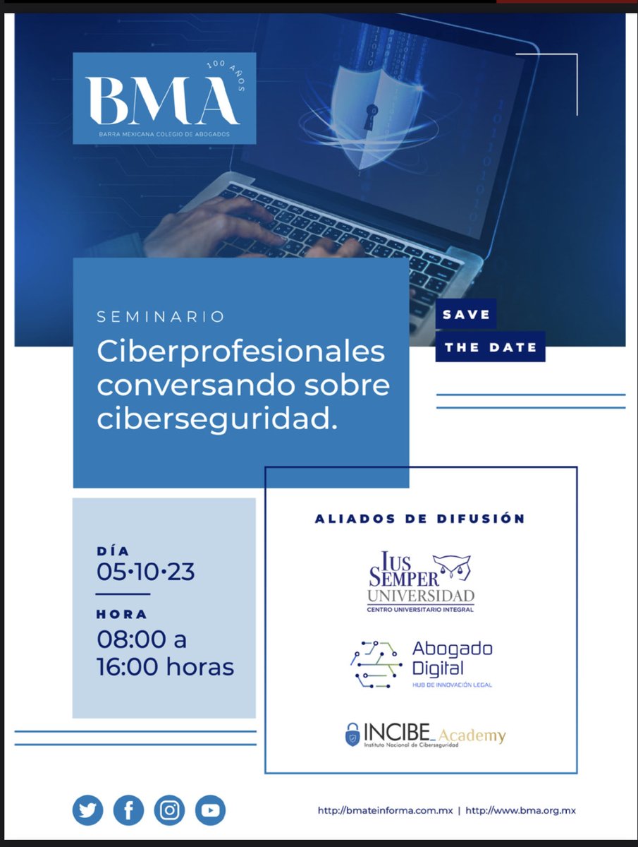 #savethedate ⁦<a href="/BMA_Abogados/">Barra Mexicana, Colegio de Abogados A.C.</a>⁩ ⁦<a href="/ANADEcolegio/">ANADE Colegio</a>⁩ ⁦<a href="/INCIBEmx/">INCIBE_mx</a>⁩ ⁦<a href="/digital_abogado/">Abogado Digital | Hub de Innovación Legal</a>⁩ ⁦<a href="/bogadoDigital/">Abogado Digital (Jaime Limón)</a>⁩   5 de octubre de 2023!!! #ciberprofesionales #ciberseguridad
