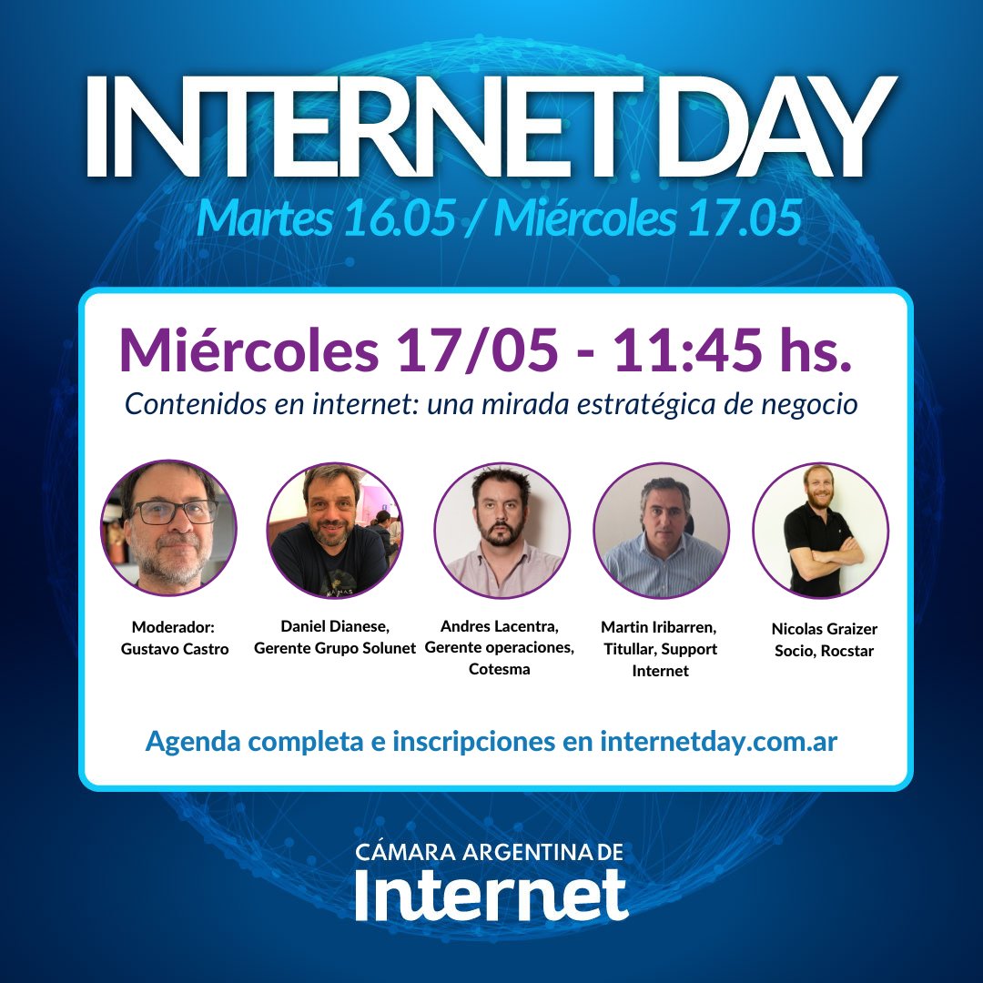 #InternetDay2023 Bajo el lema "Infraestructura para la economía del conocimiento" les compartimos más paneles de la agenda

👉Día 2 11:45 hs.

Contenidos en internet: una mirada estratégica de negocio