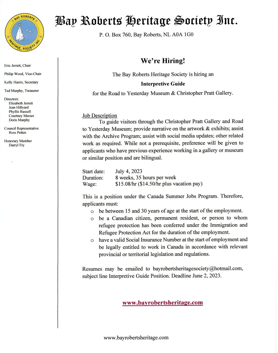 We are hiring a student under the Canada Jobs Program for the 2023 season.