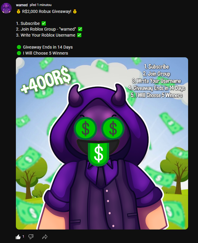 UnfairbirdCZ's tweet photo. Robux Giveaway 💰 #robux #giveaway #roblox
https://t.co/GMiDsfNEwq https://t.co/uXeAWwkyu8