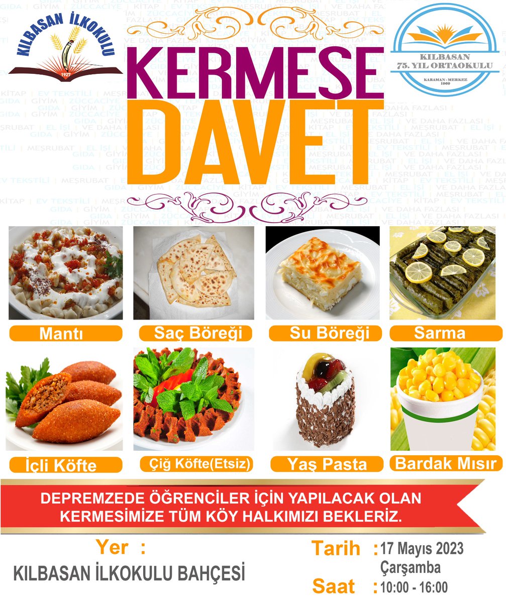 kilbasan_1's tweet photo. Deprem bölgesinde bulunan kardeş okulumuz için düzenlediğimiz kermesimize davetlisiniz.
17 Mayıs Çarşamba
Saat 10.00 https://t.co/34Bey8VdiH