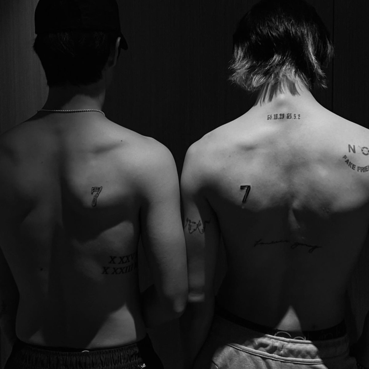 OneAhgaseGOT7's tweet image. “2/7” 
“Who’s next?” 

MarkBam shows off their new “7” tattoo on Instagram 🖤

#GOT7 @GOT7 @marktuan @BamBam1A #MarkTuan #Bambam