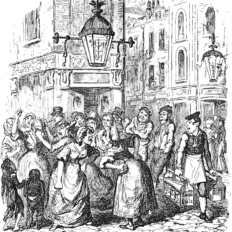An Englishman and Irishman and a Scotsman walk into a bar.... and Dickens? He's there too. This illustration comes from Dicken's stories of London, and Shows Two "Colleens" going at it at seven dials....