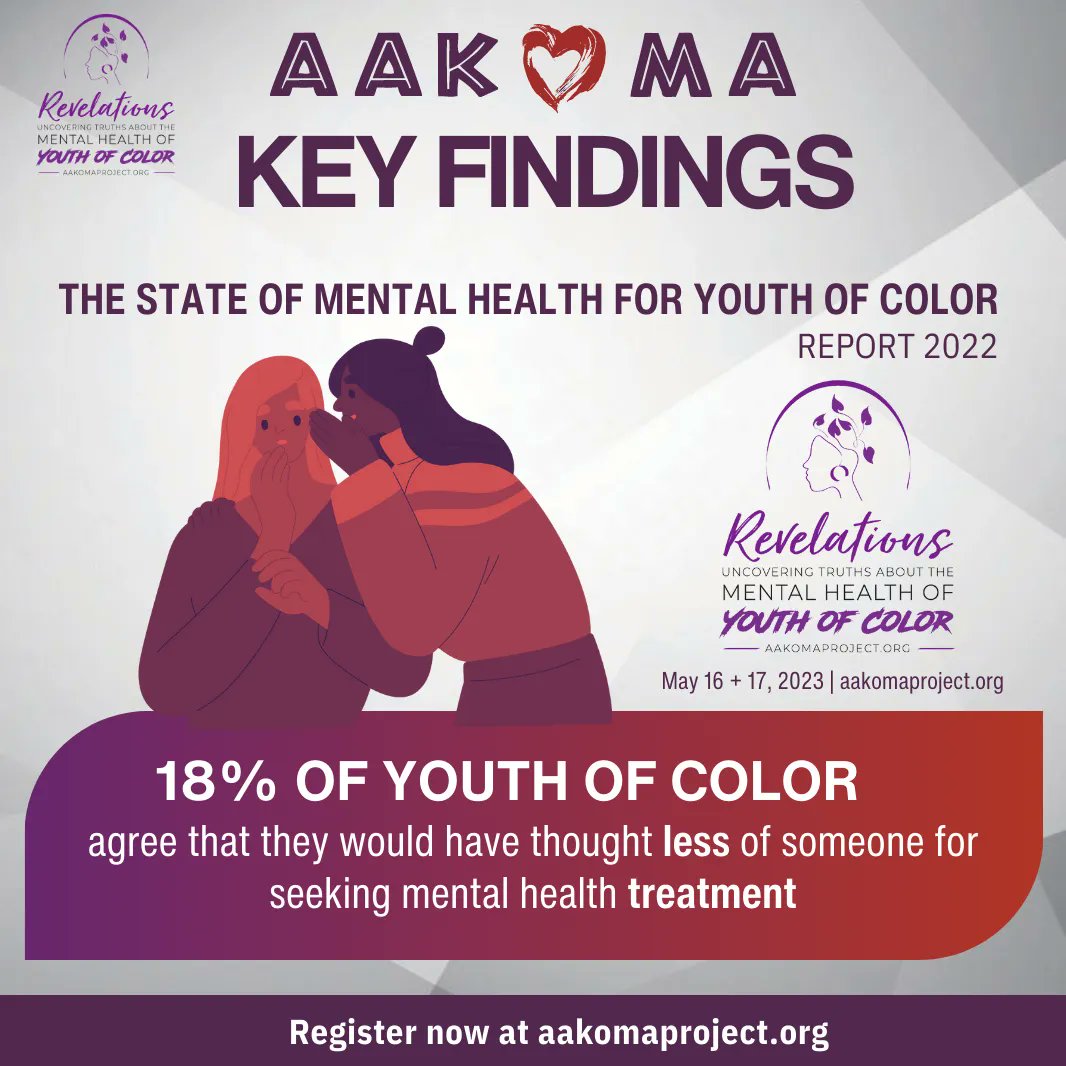 Let's break the stigma around mental health in communities of color. Misconceptions like avoiding the discussion &amp; the belief that therapy is not for PoC are common but harmful. Join us on 5/16th &amp; 17th for Revelations, as we explore the state of mental health for Young PoC❤️💜💛