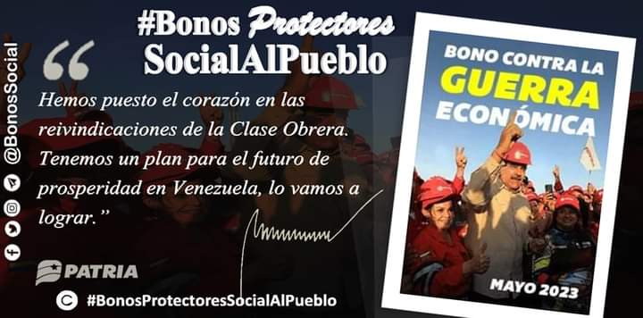 Impulsando la etiqueta de hoy 🏷

#SomosPuebloDigno
 Inicia la entrega del #BonoContraLaGuerraEconómica (mayo 2023) para los jubilados de la Administración Pública Nacional a través del Sistema @CarnetDLaPatria enviado por nuestro Pdte. @NicolasMaduro
Monto en Bs. 1.225,00