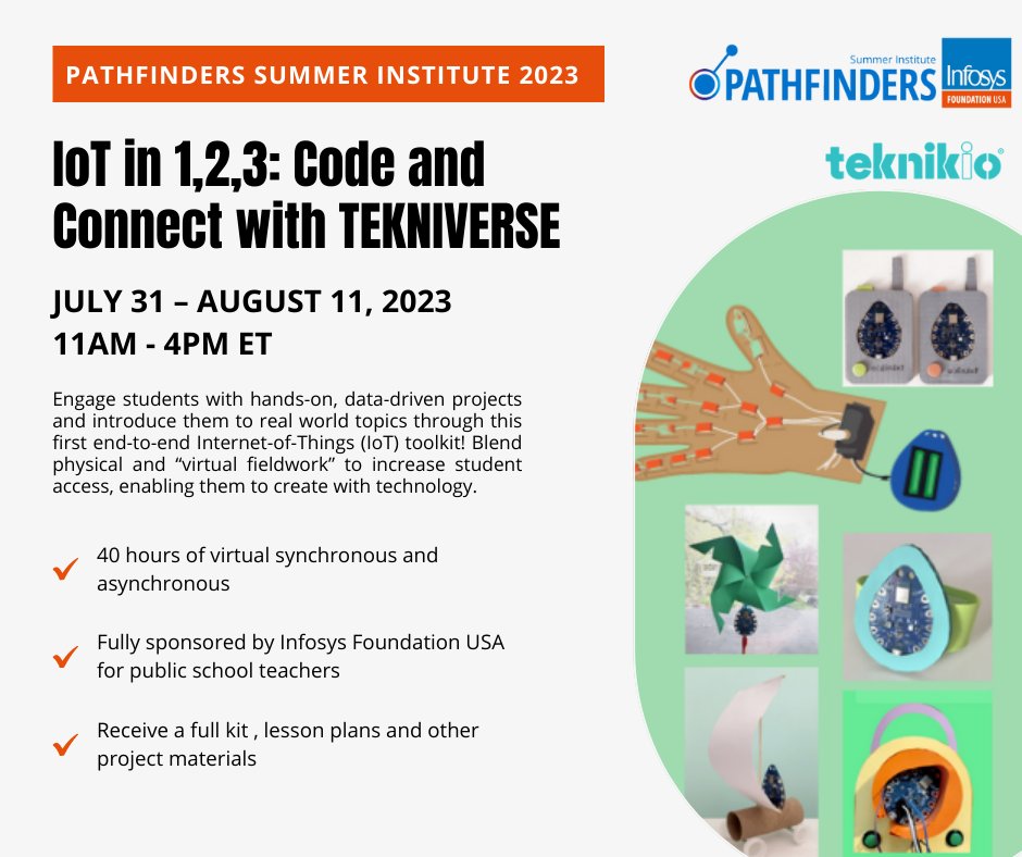 K-12 public school teachers, join this FREE summer PD by @teknikio and explore Tekniverse, the first IoT toolkit for building data-driven projects! Sign up: bit.ly/PSIIoT #PSI2023 #IoT