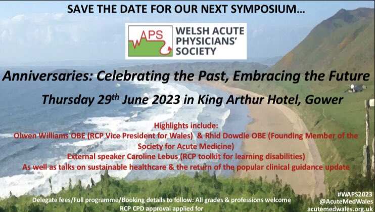 Save the Date for our next event! 

🗓️ Thurs 29th June 2023
🌍 <a href="/KingArthurHotel/">King Arthur Hotel</a> Gower 
🏴󠁧󠁢󠁷󠁬󠁳󠁿 Join us for a day of learning &amp; catching up with the <a href="/acutemedicine/">SAM Online</a> family in Wales!
👩🏼‍🤝‍👨🏽 All grades &amp; professions welcome💷 Booking details coming soon!