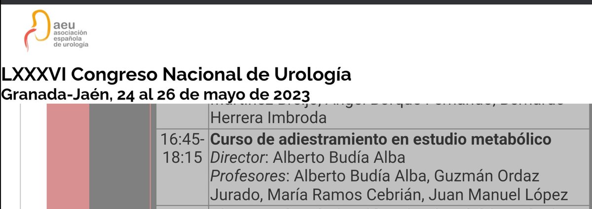 ⏳Ya queda menos para nuestro Curso de Metabolismo en litiasis Renal...os lo vais a perder?📍#AEU23 Granada 🗓️24-26 Mayo 23 @UroDrLopez @albertobudiaalb @UrologiaLaFe @InfoAeu @senjoven @SENefrologia