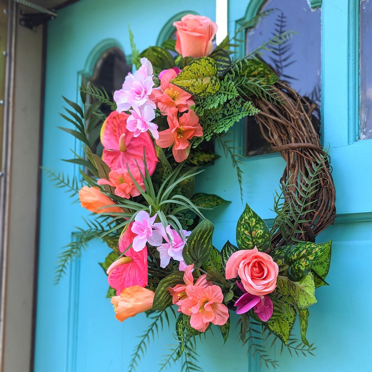 Excited to share the latest addition to my #etsy shop: Pink and Orange Summer Wreath, Exotic Floral Wreath, Protea Wreath, Succulent Wreath etsy.me/3M1QPMI #pink #housewarming #circle #orange #coastaltropical #summer #artificial #frontdoorwreath #tropicalwreath