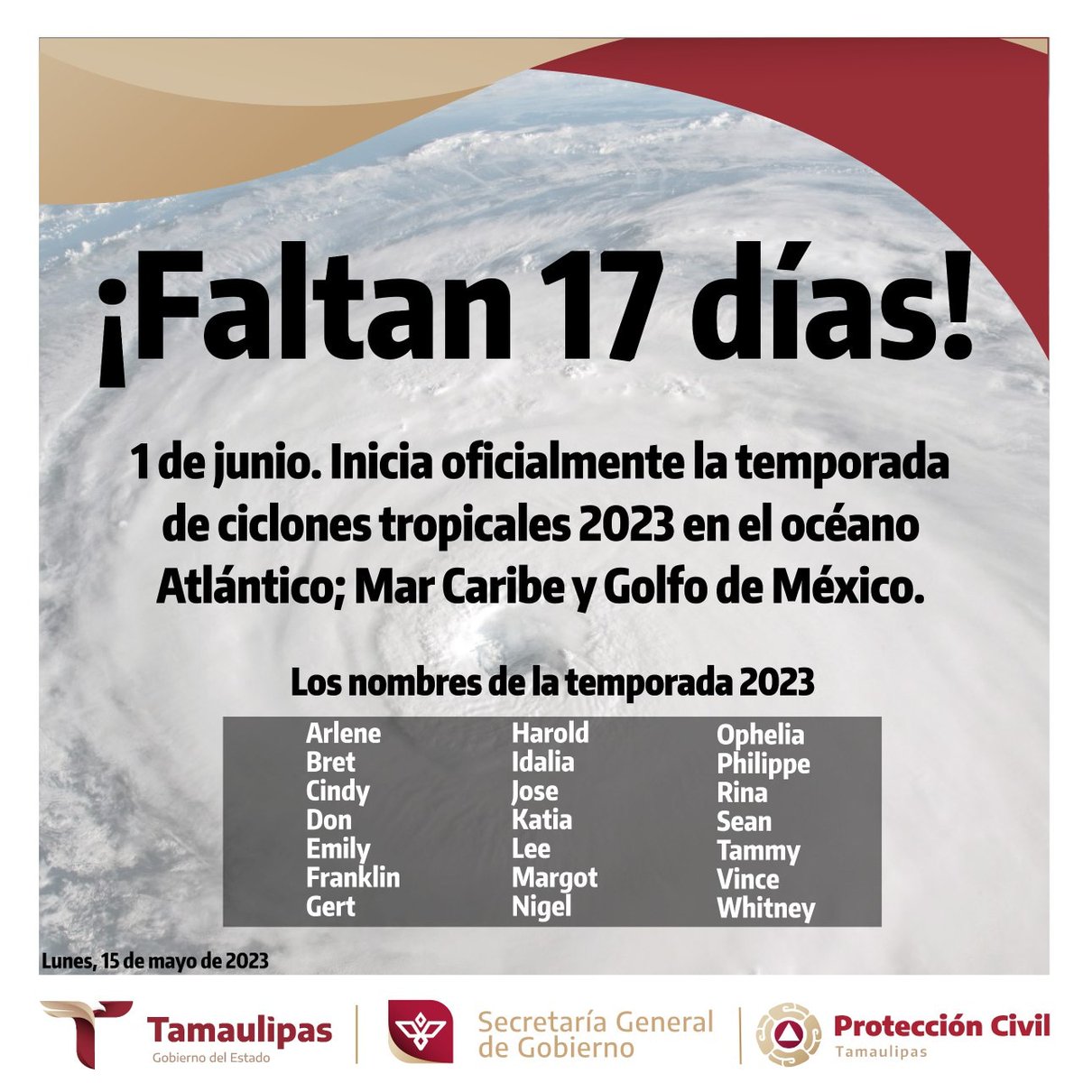 TEMPORADA CICLÓNICA 2023 🌀

Hoy 15 de mayo, inicia la temporada de ciclones tropicales 2023 en el océano Pacífico.

Un aviso que la temporada de ciclones tropicales está próxima a inciar en el Atlántico este 1 de junio. En ambas cuencas la temporada finaliza el 30 de noviembre.