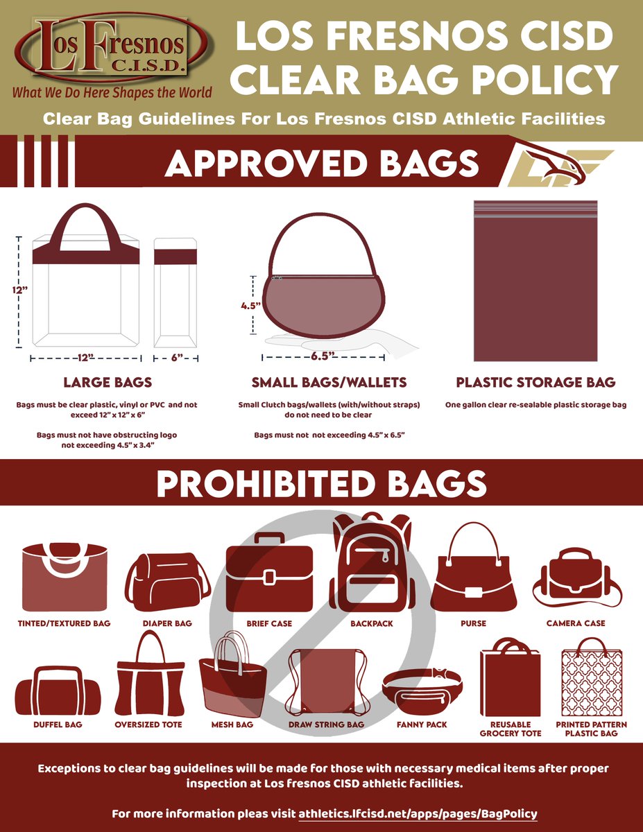 Class of 2023 Commencement is right around the corner!  A reminder that the clear bag policy for Leo Aguilar Stadium will be in effect.  Please look over the graphic below for what is allowed!