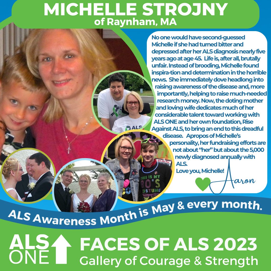 #ALSAwarenessMonth’s #FacesOfALS: Michelle @BostonALSQueen of RaynhamMA.  No one would've 2nd-guessed Michelle if she'd turned bitter & depressed after her #ALS diagnosis nearly 5 yrs ago at age 45. Life is, after all, brutally unfair. Instead of... (Read on in photo). 💚 Aaron