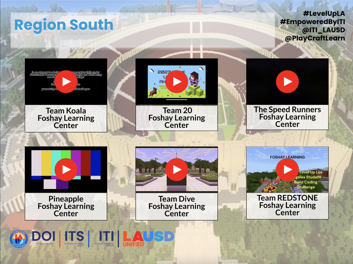 Congratulations to the 2023 Level Up Los Angeles Student Build Coding Challenge regional finalist student teams who will be advancing to Level 2: Region Rumble! #CS4LUSD #DigCitLA #LevelUpLA #EmpoweredByITI @PlayCraftLearn Watch the finalist submissions: achieve.lausd.net/levelupla