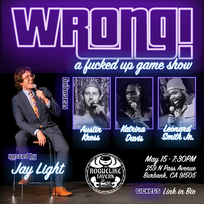 wronggameshow's tweet image. TONIGHT! Wrong is back, @dietjay is jet-lagged, and @_LeonardSmithJr @katrinasivad and Austin Kress (@stoneymcblaze) are ready to make you laugh through the tough stuff. Don't miss it, we get going at @TheRoguelike in just a few hours!

TICKETS HERE: eventbrite.com/e/wrong-a-dark…