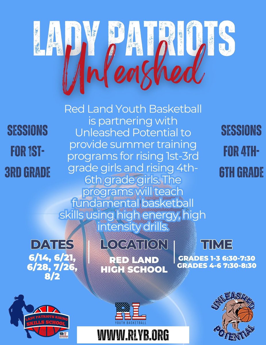 🚨Attention 1st-6th Graders 🚨Red Land Youth Basketball is partnering with Unleashed Potential for some skill sessions this summer! Register on the RLYB website today!