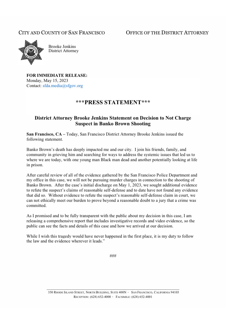 BrookeJenkinsSF's tweet photo. Banko Brown’s death has deeply impacted me &amp; our city. I join his friends, family, &amp; community in grieving him &amp; searching for ways to address the systemic issues that led us to where we are today, with one young man Black man dead &amp; another potentially looking at life in prison. https://t.co/gtnVB4lOMa