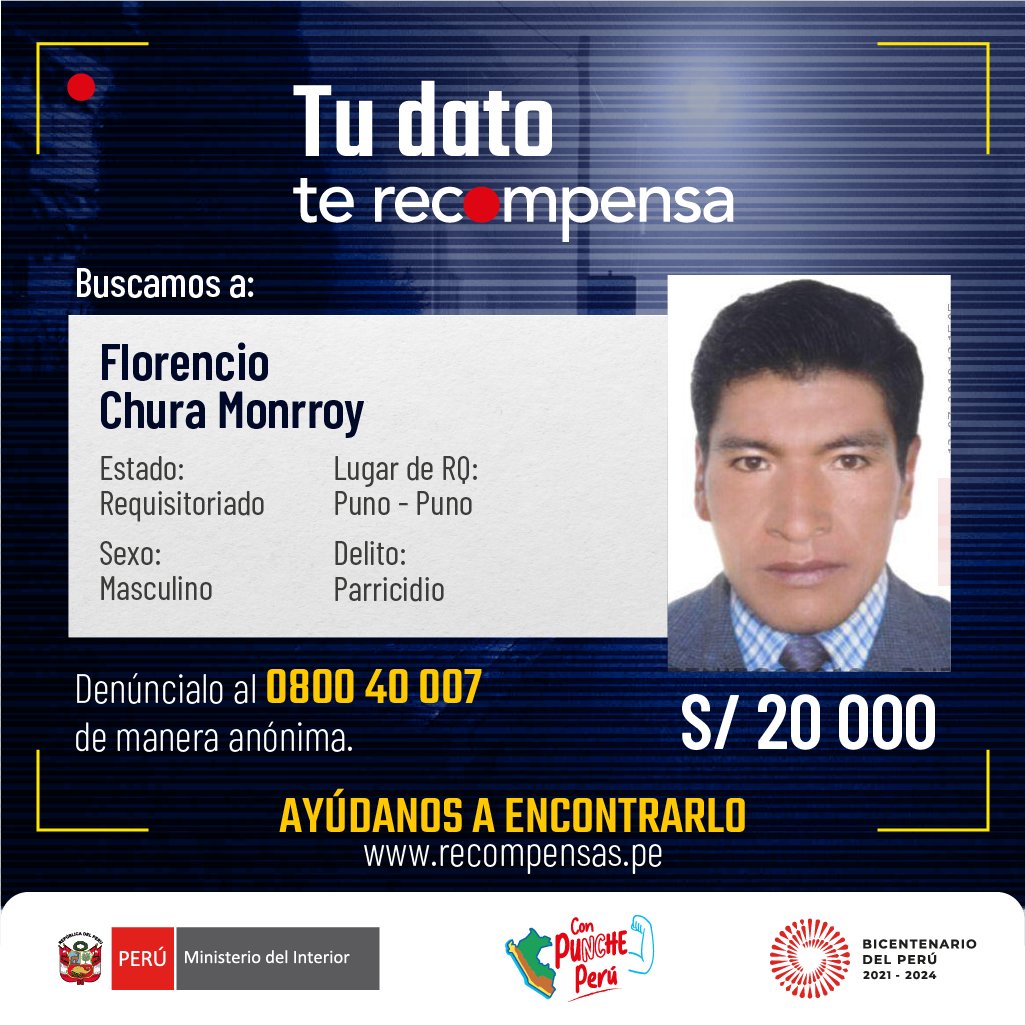 🚨 Seguimos tras los pasos de estos requisitoriados incluidos en la lista de #LosMásBuscados.

📞 Si tienes información que ayude a su ubicación y captura llama al 0800 40 007.

¡En la lucha contra el crimen, #TuDatoTeRecompensa!

📱 Visita recompensas.pe