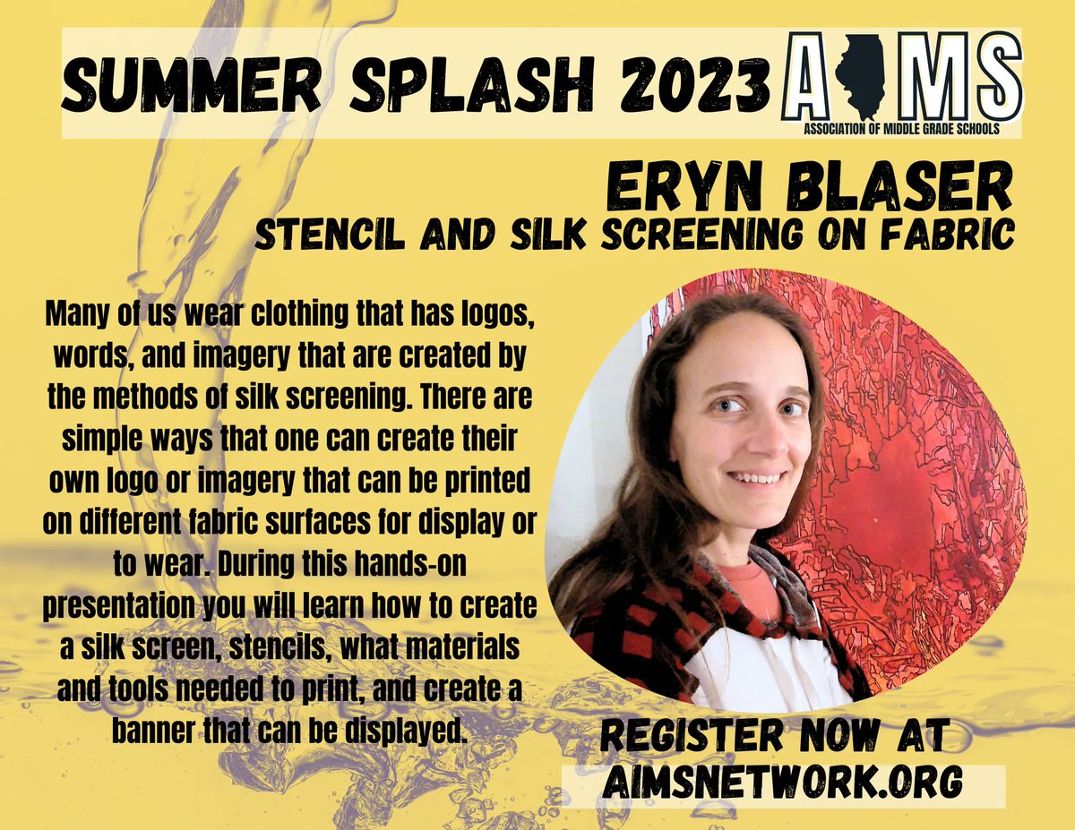 aimsnetwork's tweet photo. During this hands-on presentation you will learn how to create a silk screen, stencils, what materials and tools needed to print, and create a banner that can be displayed. #AIMSNetwork #SummerSplash2023 #STW https://t.co/ZxF4xEIc63 https://t.co/sBch1SEuAH