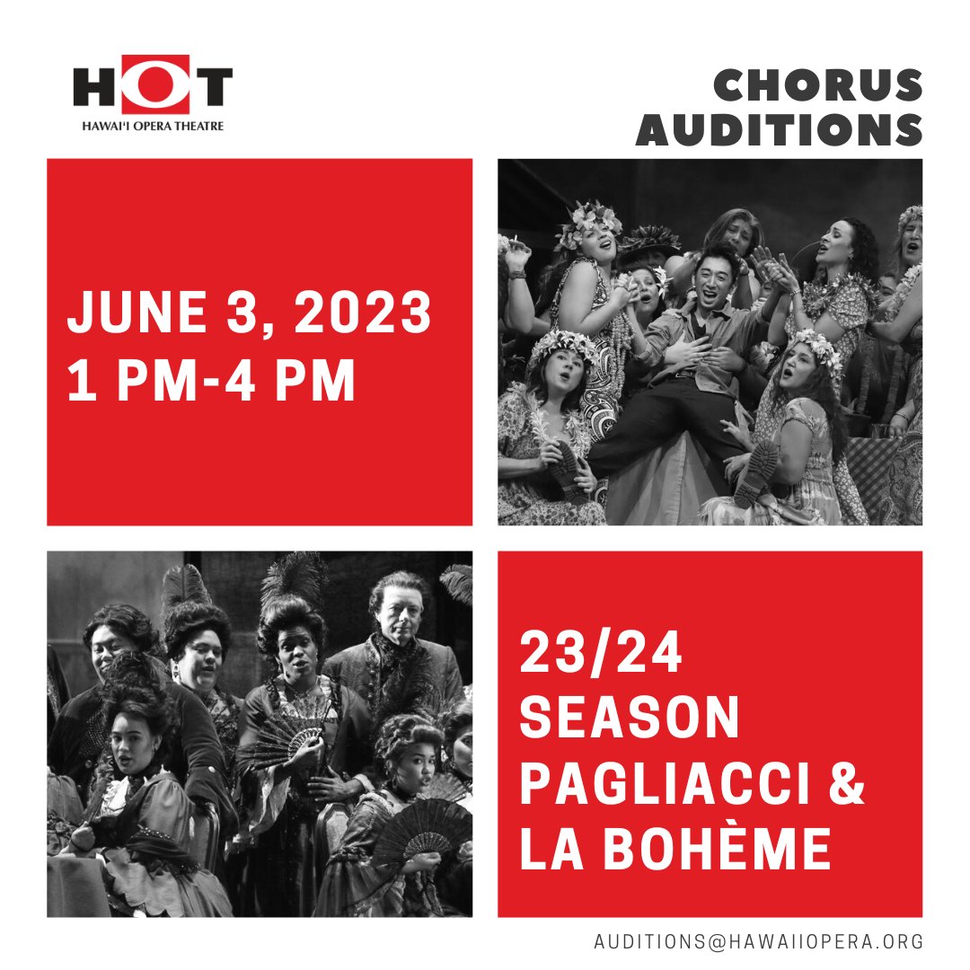 Hawaii Opera Theatre (@hawaiiopera) on Twitter photo Don't miss your chance to be on stage!
Come audition for Pagliacci and La Bohème on June 3, 2023, in Studio 101!
For more info and to schedule a time slot, email auditions@hawaiiopera.org Don't miss your chance to be on stage!
Come audition for Pagliacci and La Bohème on June 3, 2023, in Studio 101!
For more info and to schedule a time slot, email auditions@hawaiiopera.org