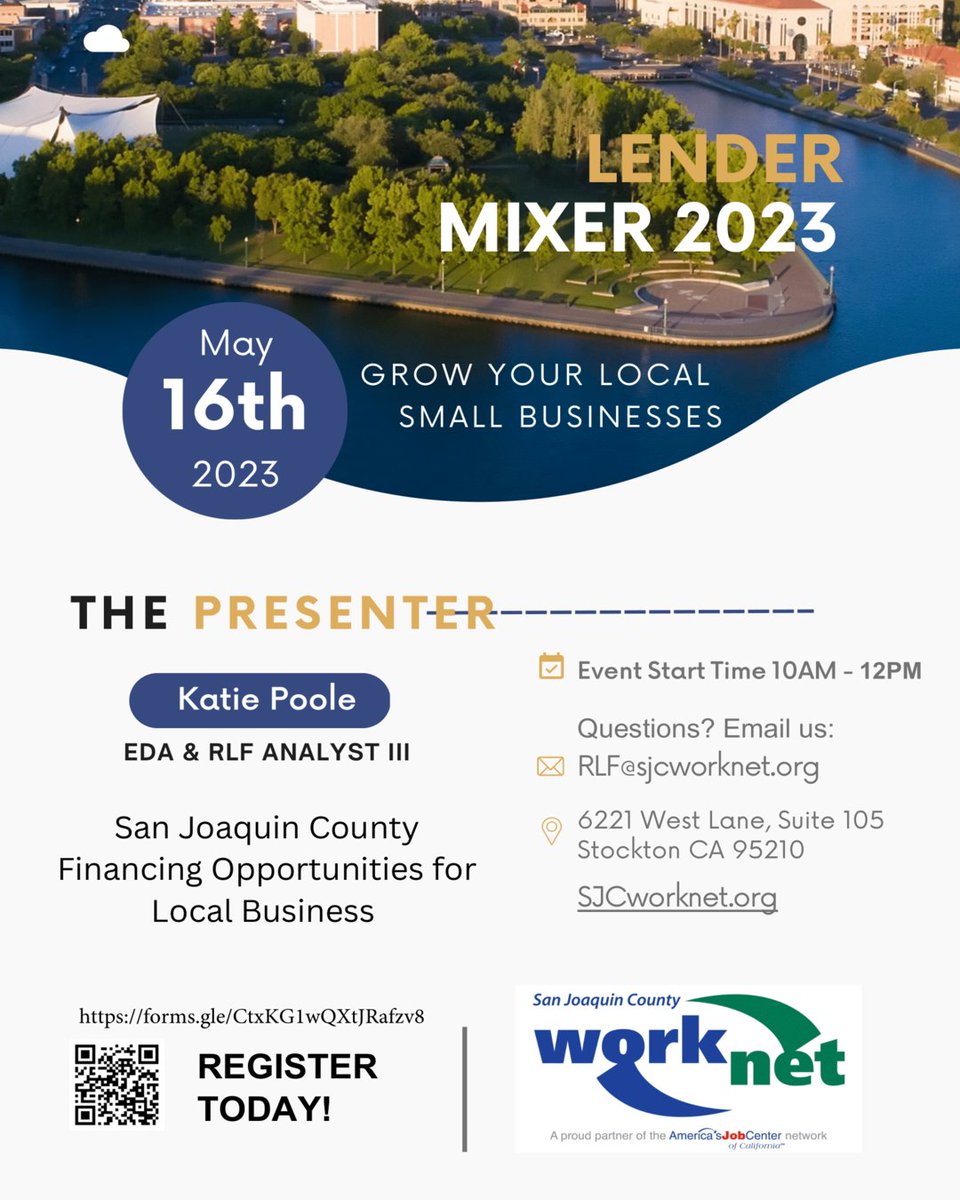 The San Joaquin County Economic Development Association's Lender Mixer is happening tomorrow!
🗓 Tuesday, May 16, 2023 
📍 Stockton WorkNet Center - 6221 West Ln Ste 105 Stockton, CA 95210
⏰ 10:00 AM - 12:00 PM
REG: conta.cc/3M5F7Sb
#sanjoaquincounty #finance #networking
