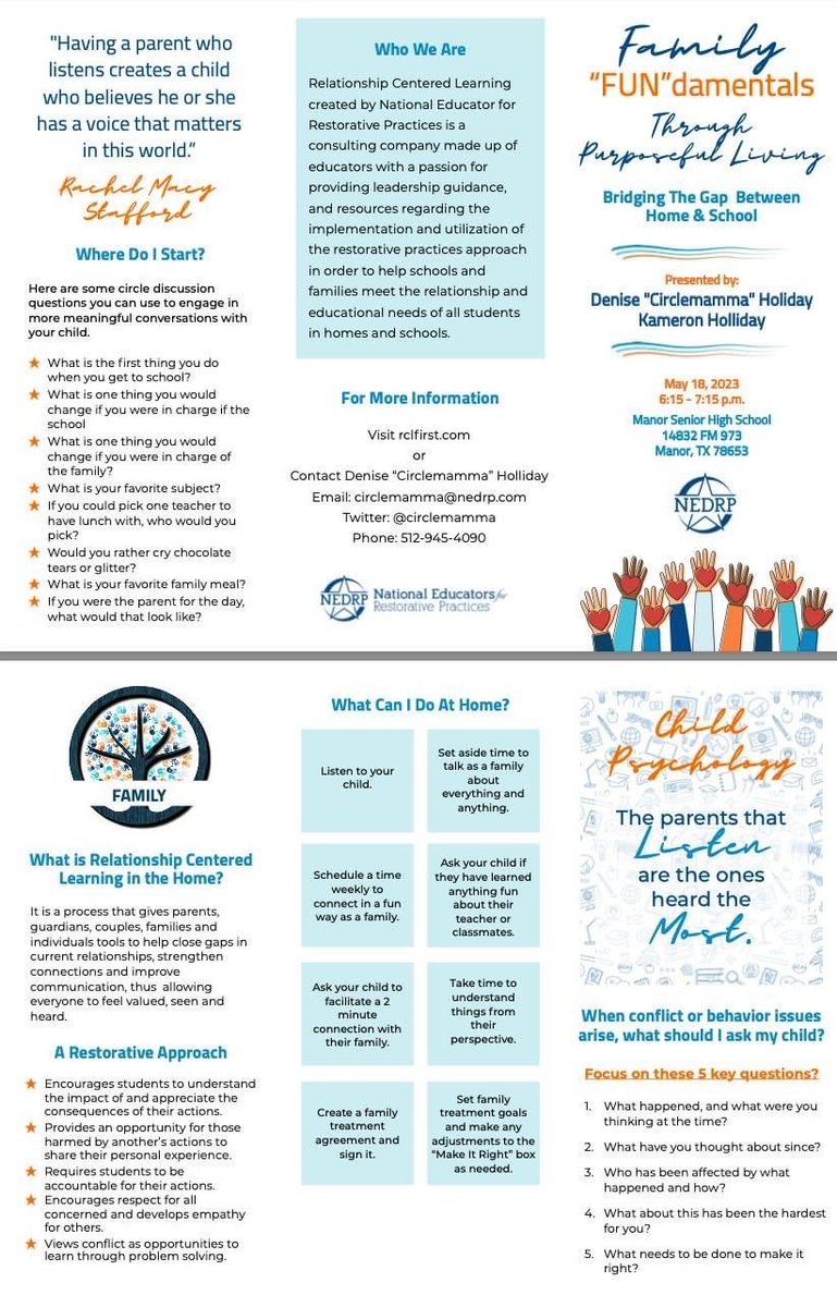 DiffDiscipline's tweet photo. The fabulous  @circlemamma, Denise Holliday, will be at the #ManorISD Mental Health Fair facilitating  Family "FUN"damentals: Bridging The Gap Between Home and School.

So grateful for the opportunity to be part of this, @ManorISD  

#ConnectB4Content #Circlemamma https://t.co/C1pfmlyXqQ