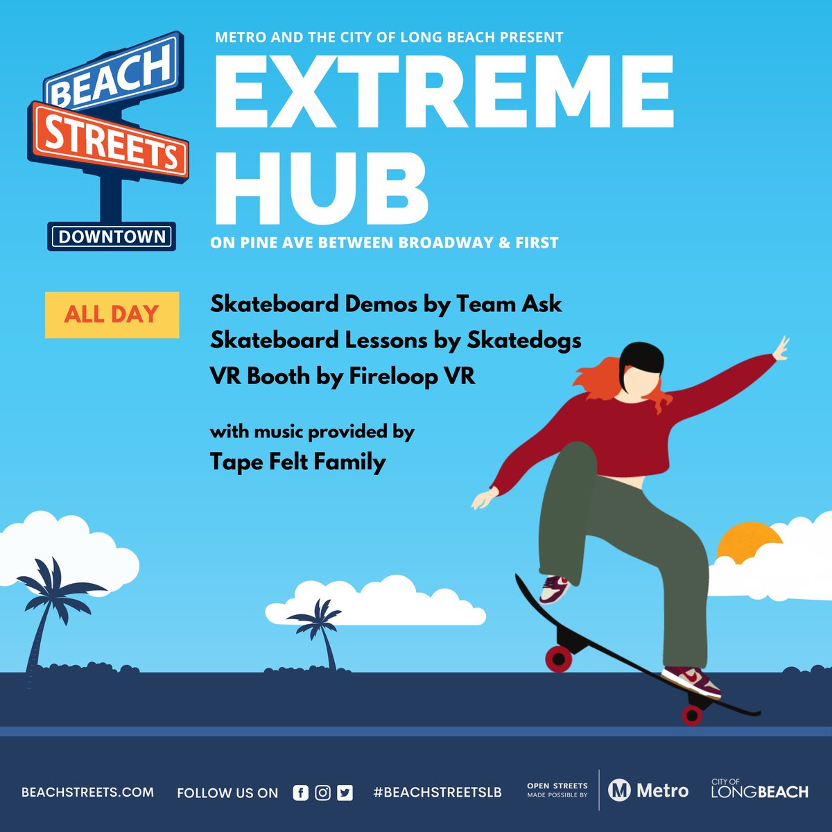 Over at the Extreme Hub on Pine between Broadway &amp;  1st we have skateboard demos by Team ASK, skateboard lessons by Skatedogs, &amp; ramps by Keen Ramps.

Additionally, we'll have VR Booths by <a href="/FireLoopVR/">Fire Loop VR</a>  and music all day by Tape Felt Family.
See you Saturday, 5/20 from 11AM - 5PM!